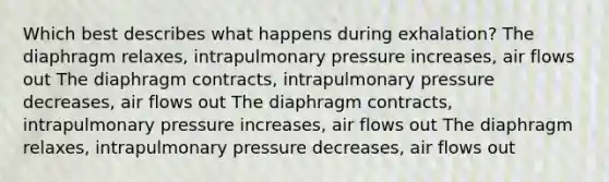 Which best describes what happens during exhalation? The diaphragm relaxes, intrapulmonary pressure increases, air flows out The diaphragm contracts, intrapulmonary pressure decreases, air flows out The diaphragm contracts, intrapulmonary pressure increases, air flows out The diaphragm relaxes, intrapulmonary pressure decreases, air flows out