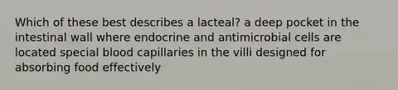 Which of these best describes a lacteal? a deep pocket in the intestinal wall where endocrine and antimicrobial cells are located special blood capillaries in the villi designed for absorbing food effectively