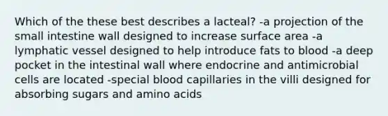 Which of the these best describes a lacteal? -a projection of the small intestine wall designed to increase surface area -a lymphatic vessel designed to help introduce fats to blood -a deep pocket in the intestinal wall where endocrine and antimicrobial cells are located -special blood capillaries in the villi designed for absorbing sugars and amino acids