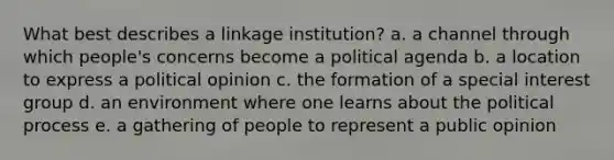 What best describes a linkage institution? a. a channel through which people's concerns become a political agenda b. a location to express a political opinion c. the formation of a special interest group d. an environment where one learns about the political process e. a gathering of people to represent a public opinion