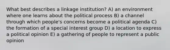 What best describes a linkage institution? A) an environment where one learns about the political process B) a channel through which people's concerns become a political agenda C) the formation of a special interest group D) a location to express a political opinion E) a gathering of people to represent a public opinion