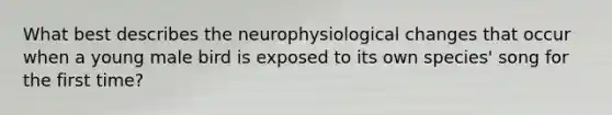 What best describes the neurophysiological changes that occur when a young male bird is exposed to its own species' song for the first time?