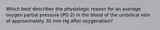 Which best describes the physiologic reason for an average oxygen partial pressure (PO 2) in the blood of the umbilical vein of approximately 30 mm Hg after oxygenation?