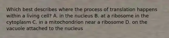 Which best describes where the process of translation happens within a living cell? A. in the nucleus B. at a ribosome in the cytoplasm C. in a mitochondrion near a ribosome D. on the vacuole attached to the nucleus