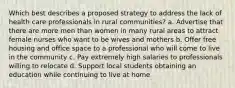 Which best describes a proposed strategy to address the lack of health care professionals in rural communities? a. Advertise that there are more men than women in many rural areas to attract female nurses who want to be wives and mothers b. Offer free housing and office space to a professional who will come to live in the community c. Pay extremely high salaries to professionals willing to relocate d. Support local students obtaining an education while continuing to live at home