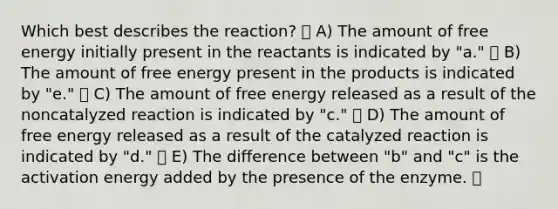 Which best describes the reaction? A) The amount of free energy initially present in the reactants is indicated by "a." B) The amount of free energy present in the products is indicated by "e." C) The amount of free energy released as a result of the noncatalyzed reaction is indicated by "c." D) The amount of free energy released as a result of the catalyzed reaction is indicated by "d." E) The difference between "b" and "c" is the activation energy added by the presence of the enzyme.