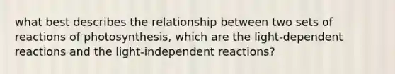 what best describes the relationship between two sets of reactions of photosynthesis, which are the light-dependent reactions and the light-independent reactions?