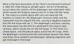 What is the best description of the​ chest's mechanical​ functions? A. With the chest being an airtight​ space, the act of breathing occurs when the muscles of the diaphragm and intercostal​ relax, which causes the lungs to expand and air to flow into the lungs. B. The chest is a closed space with only one​ opening; the​ trachea, to inspire​ air; the diaphragm contracts down and the intercostal muscles expand the​ ribs, causing a negative pressure that fills the lungs with air. C. The diaphragm​ contracts, causing the intercostal muscles that are attached to the lungs to also​ contract, which moves the air into the lungs. D. The chest is a closed​ space, and the pleural space surrounds the​ lungs; when the diaphragm contracts and the intercostals​ expand, the chest and lungs move outward and​ downward, allowing expiration and gas exchange in the lungs.