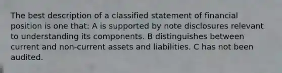 The best description of a classified statement of financial position is one that: A is supported by note disclosures relevant to understanding its components. B distinguishes between current and non-current assets and liabilities. C has not been audited.