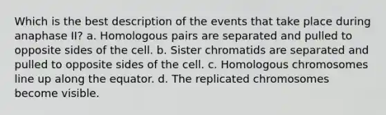 Which is the best description of the events that take place during anaphase II? a. Homologous pairs are separated and pulled to opposite sides of the cell. b. Sister chromatids are separated and pulled to opposite sides of the cell. c. Homologous chromosomes line up along the equator. d. The replicated chromosomes become visible.