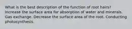 What is the best description of the function of root hairs? Increase the surface area for absorption of water and minerals. Gas exchange. Decrease the surface area of the root. Conducting photosynthesis.