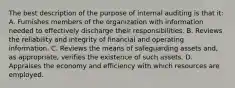 The best description of the purpose of internal auditing is that it: A. Furnishes members of the organization with information needed to effectively discharge their responsibilities. B. Reviews the reliability and integrity of financial and operating information. C. Reviews the means of safeguarding assets and, as appropriate, verifies the existence of such assets. D. Appraises the economy and efficiency with which resources are employed.