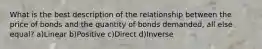 What is the best description of the relationship between the price of bonds and the quantity of bonds demanded, all else equal? a)Linear b)Positive c)Direct d)Inverse