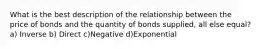 What is the best description of the relationship between the price of bonds and the quantity of bonds supplied, all else equal?a) Inverse b) Direct c)Negative d)Exponential