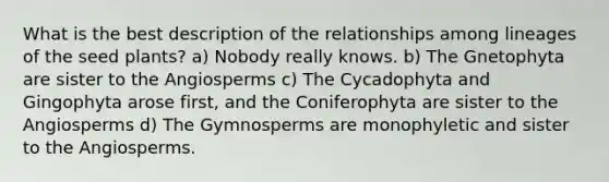 What is the best description of the relationships among lineages of the seed plants? a) Nobody really knows. b) The Gnetophyta are sister to the Angiosperms c) The Cycadophyta and Gingophyta arose first, and the Coniferophyta are sister to the Angiosperms d) The Gymnosperms are monophyletic and sister to the Angiosperms.