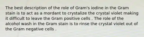 The best description of the role of Gram's iodine in the Gram stain is to act as a mordant to crystalize the crystal violet making it difficult to leave the Gram positive cells . The role of the alcohol wash in the Gram stain is to rinse the crystal violet out of the Gram negative cells .