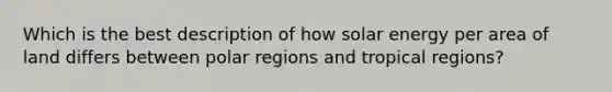 Which is the best description of how solar energy per area of land differs between polar regions and tropical regions?