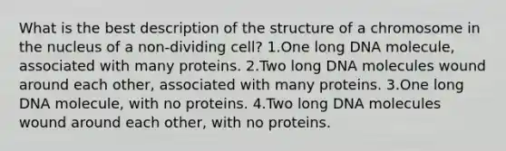 What is the best description of the structure of a chromosome in the nucleus of a non-dividing cell? 1.One long DNA molecule, associated with many proteins. 2.Two long DNA molecules wound around each other, associated with many proteins. 3.One long DNA molecule, with no proteins. 4.Two long DNA molecules wound around each other, with no proteins.