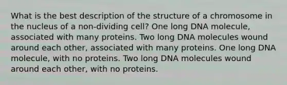 What is the best description of the structure of a chromosome in the nucleus of a non-dividing cell? One long DNA molecule, associated with many proteins. Two long DNA molecules wound around each other, associated with many proteins. One long DNA molecule, with no proteins. Two long DNA molecules wound around each other, with no proteins.