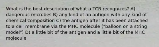 What is the best description of what a TCR recognizes? A) dangerous microbes B) any kind of an antigen with any kind of <a href='https://www.questionai.com/knowledge/kyw8ckUHTv-chemical-composition' class='anchor-knowledge'>chemical composition</a> C) the antigen after it has been attached to a cell membrane via the MHC molecule ("balloon on a string model") D) a little bit of the antigen and a little bit of the MHC molecule