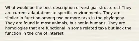 What would be the best description of vestigial structures? They are current adaptations to specific environments. They are similar in function among two or more taxa in the phylogeny. They are found in most animals, but not in humans. They are homologies that are functional in some related taxa but lack the function in the one of interest.