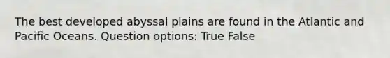 The best developed abyssal plains are found in the Atlantic and Pacific Oceans. Question options: True False