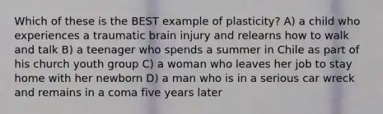 Which of these is the BEST example of plasticity? A) a child who experiences a traumatic brain injury and relearns how to walk and talk B) a teenager who spends a summer in Chile as part of his church youth group C) a woman who leaves her job to stay home with her newborn D) a man who is in a serious car wreck and remains in a coma five years later