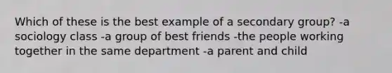 Which of these is the best example of a secondary group? -a sociology class -a group of best friends -the people working together in the same department -a parent and child