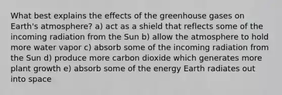 What best explains the effects of the greenhouse gases on Earth's atmosphere? a) act as a shield that reflects some of the incoming radiation from the Sun b) allow the atmosphere to hold more water vapor c) absorb some of the incoming radiation from the Sun d) produce more carbon dioxide which generates more plant growth e) absorb some of the energy Earth radiates out into space