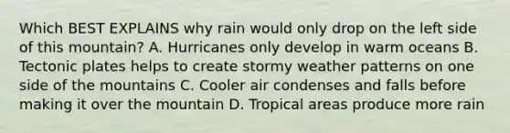 Which BEST EXPLAINS why rain would only drop on the left side of this mountain? A. Hurricanes only develop in warm oceans B. Tectonic plates helps to create stormy weather patterns on one side of the mountains C. Cooler air condenses and falls before making it over the mountain D. Tropical areas produce more rain