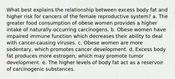 What best explains the relationship between excess body fat and higher risk for cancers of the female reproductive system?​ a. ​The greater food consumption of obese women provides a higher intake of naturally-occurring carcinogens. b. ​Obese women have impaired immune function which decreases their ability to deal with cancer-causing viruses. c. ​Obese women are more sedentary, which promotes cancer development. d. ​Excess body fat produces more estrogen, which may promote tumor development. e. ​The higher levels of body fat act as a reservoir of carcinogenic substances.