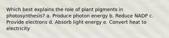 Which best explains the role of plant pigments in photosynthesis? a. Produce photon energy b. Reduce NADP c. Provide electrons d. Absorb light energy e. Convert heat to electricity