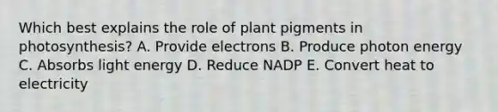 Which best explains the role of plant pigments in photosynthesis? A. Provide electrons B. Produce photon energy C. Absorbs light energy D. Reduce NADP E. Convert heat to electricity