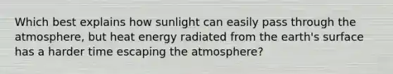 Which best explains how sunlight can easily pass through the atmosphere, but heat energy radiated from the earth's surface has a harder time escaping the atmosphere?