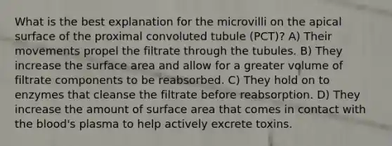 What is the best explanation for the microvilli on the apical surface of the proximal convoluted tubule (PCT)? A) Their movements propel the filtrate through the tubules. B) They increase the <a href='https://www.questionai.com/knowledge/kEtsSAPENL-surface-area' class='anchor-knowledge'>surface area</a> and allow for a greater volume of filtrate components to be reabsorbed. C) They hold on to enzymes that cleanse the filtrate before reabsorption. D) They increase the amount of surface area that comes in contact with <a href='https://www.questionai.com/knowledge/k7oXMfj7lk-the-blood' class='anchor-knowledge'>the blood</a>'s plasma to help actively excrete toxins.