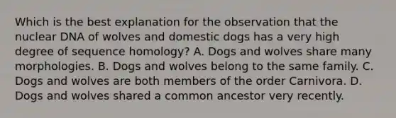 Which is the best explanation for the observation that the nuclear DNA of wolves and domestic dogs has a very high degree of sequence homology? A. Dogs and wolves share many morphologies. B. Dogs and wolves belong to the same family. C. Dogs and wolves are both members of the order Carnivora. D. Dogs and wolves shared a common ancestor very recently.