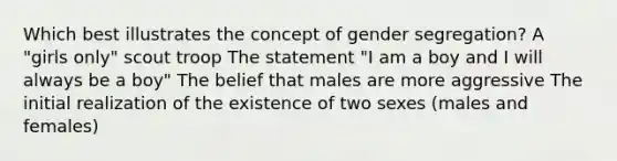 Which best illustrates the concept of gender segregation? A "girls only" scout troop The statement "I am a boy and I will always be a boy" The belief that males are more aggressive The initial realization of the existence of two sexes (males and females)