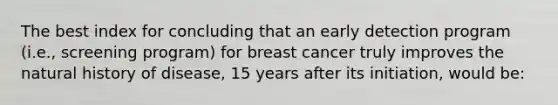 The best index for concluding that an early detection program (i.e., screening program) for breast cancer truly improves the natural history of disease, 15 years after its initiation, would be: