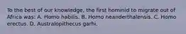 To the best of our knowledge, the first hominid to migrate out of Africa was: A. Homo habilis. B. Homo neanderthalensis. C. Homo erectus. D. Australopithecus garhi.