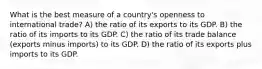 What is the best measure of a country's openness to international trade? A) the ratio of its exports to its GDP. B) the ratio of its imports to its GDP. C) the ratio of its trade balance (exports minus imports) to its GDP. D) the ratio of its exports plus imports to its GDP.