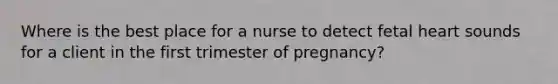 Where is the best place for a nurse to detect fetal heart sounds for a client in the first trimester of pregnancy?