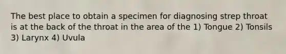 The best place to obtain a specimen for diagnosing strep throat is at the back of the throat in the area of the 1) Tongue 2) Tonsils 3) Larynx 4) Uvula