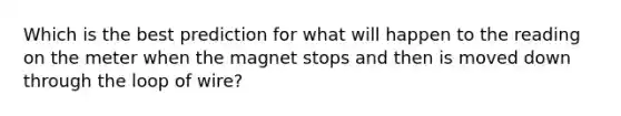 Which is the best prediction for what will happen to the reading on the meter when the magnet stops and then is moved down through the loop of wire?