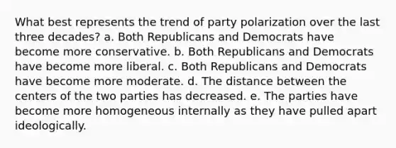 What best represents the trend of party polarization over the last three decades? a. Both Republicans and Democrats have become more conservative. b. Both Republicans and Democrats have become more liberal. c. Both Republicans and Democrats have become more moderate. d. The distance between the centers of the two parties has decreased. e. The parties have become more homogeneous internally as they have pulled apart ideologically.