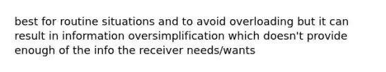 best for routine situations and to avoid overloading but it can result in information oversimplification which doesn't provide enough of the info the receiver needs/wants