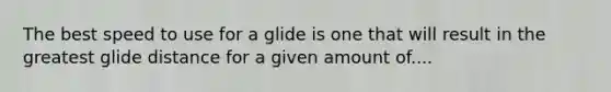 The best speed to use for a glide is one that will result in the greatest glide distance for a given amount of....