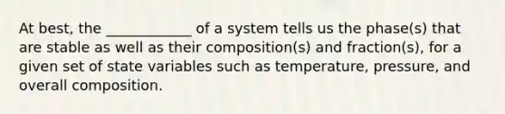 At best, the ____________ of a system tells us the phase(s) that are stable as well as their composition(s) and fraction(s), for a given set of state variables such as temperature, pressure, and overall composition.