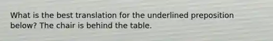 What is the best translation for the underlined preposition below? The chair is behind the table.