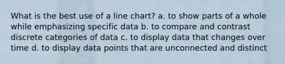 What is the best use of a line chart? a. to show parts of a whole while emphasizing specific data b. to compare and contrast discrete categories of data c. to display data that changes over time d. to display data points that are unconnected and distinct