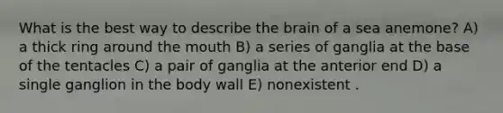 What is the best way to describe the brain of a sea anemone? A) a thick ring around the mouth B) a series of ganglia at the base of the tentacles C) a pair of ganglia at the anterior end D) a single ganglion in the body wall E) nonexistent .